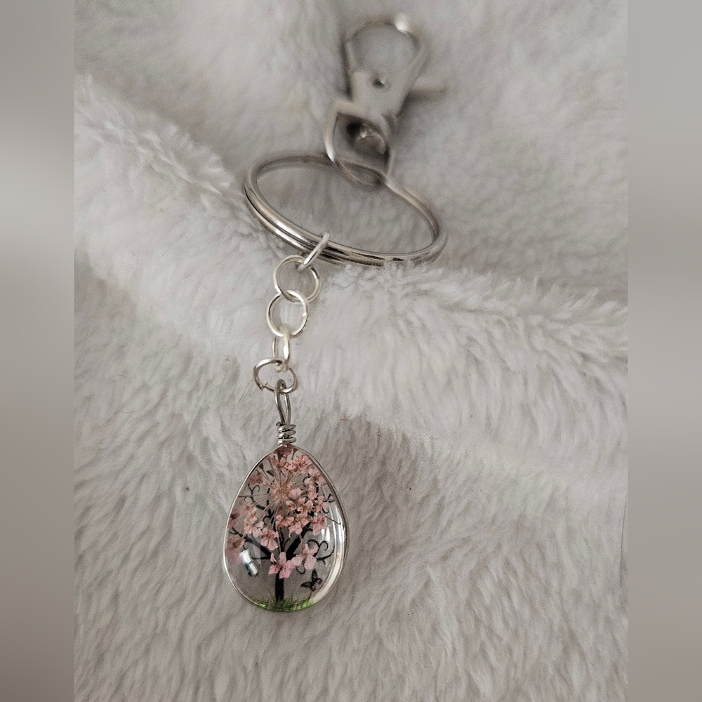 Pink Floral Teardrop Keychain
